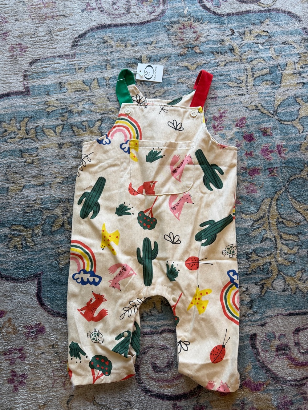MiniOlie Baby Overalls 18-24M Cactus Fox Rainbow Print Cream Cotton NWT 85cm